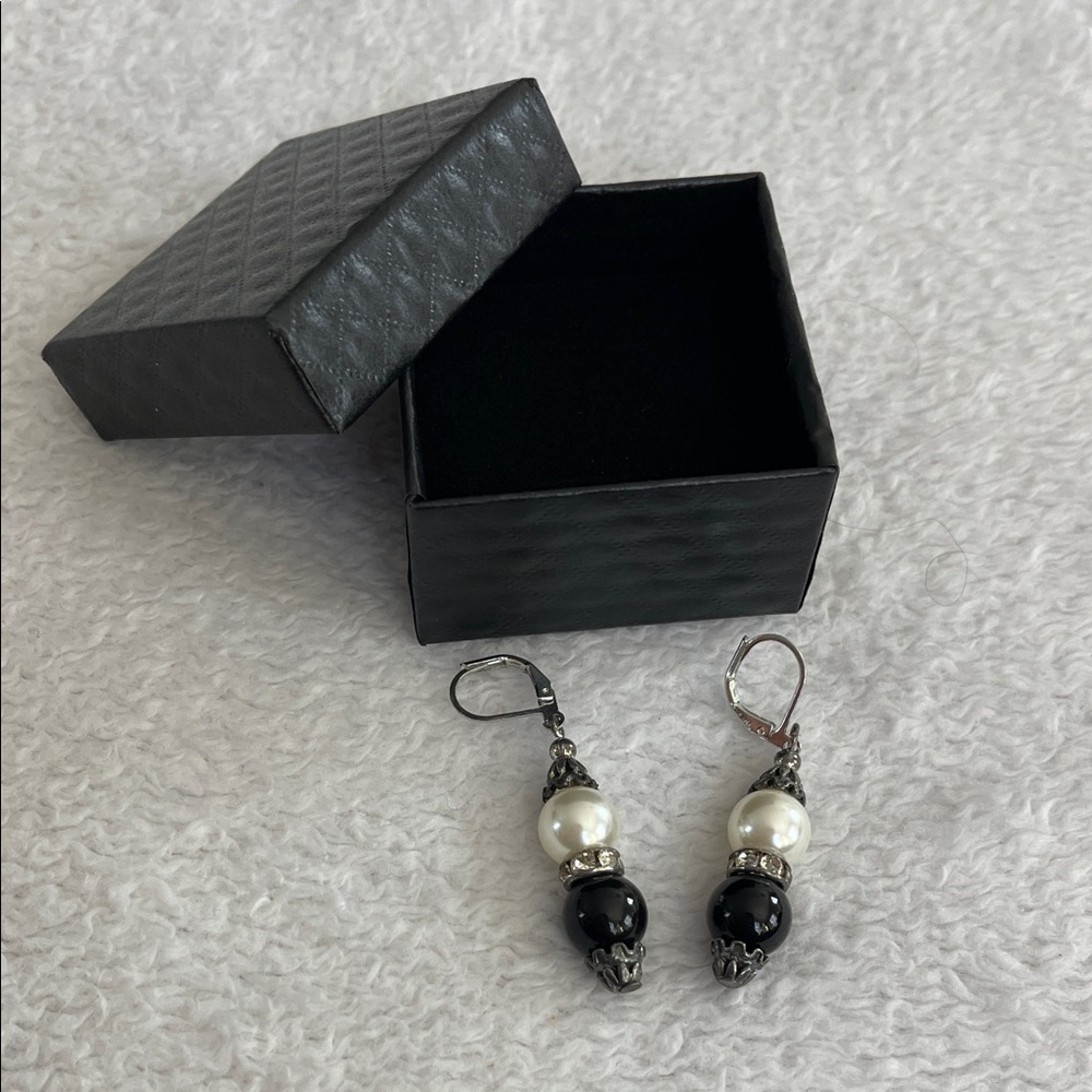 Black White Pearl Drop Earrings Rhinestone Handmade Leverback Dangle Comfort Fit